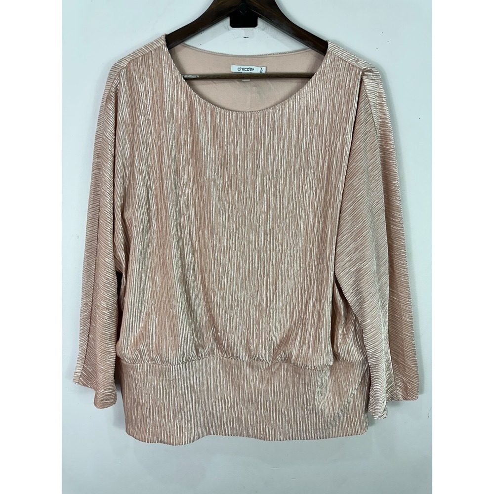 Chicos Pleated Top Women XL Pink Shimmer Long Sleeve Plissé Crinkle Party Blouse